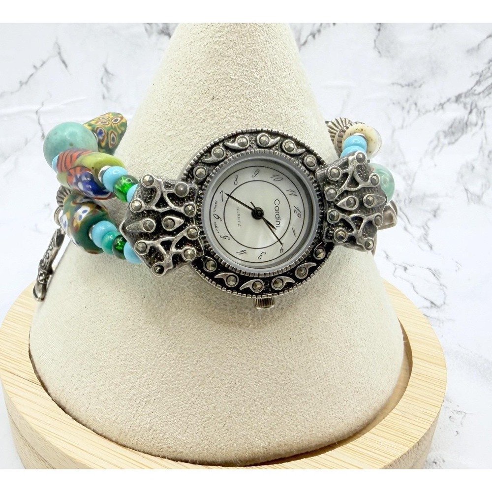 Cardini Glass Bead Watch Sterling Cowboy Charms Buffalo Nickel Closure 7.25"